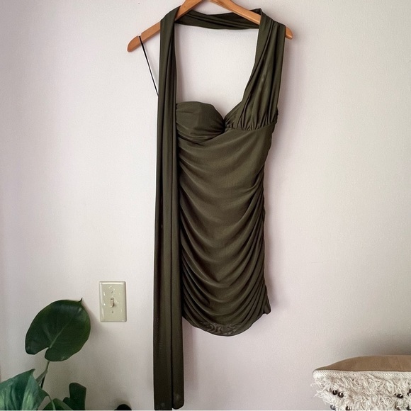 HELLO MOLLY MEET ME IN THE CLUB MINI DRESS KHAKI NEW SIZE 8 cocktail ruched - Picture 3 of 7